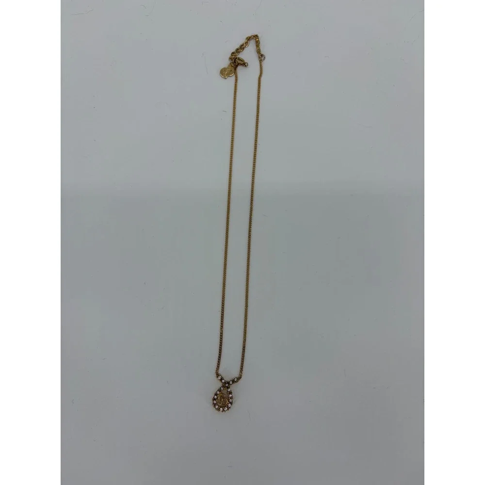 Authentic Vintage Dior Crystal Logo‎ Pendant Necklace Gold Tone Designer Jewelry